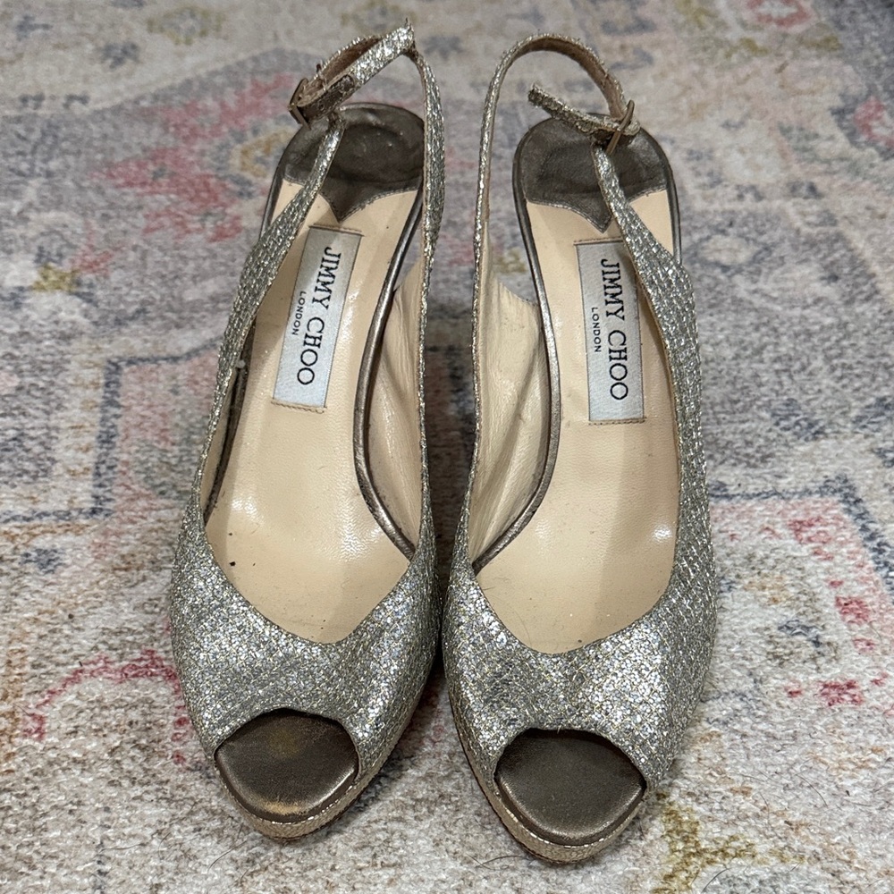 Jimmy Choo Sparkling Silver Peep Toe Heels